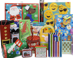 seasonal group assortment of gift bags, boxes and labels