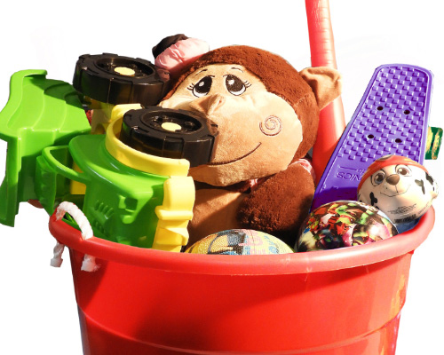 toys in a small red plastic pail